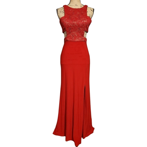 Morgan & Co. Red Jersey Cut Out Gown - Picture 2 of 13